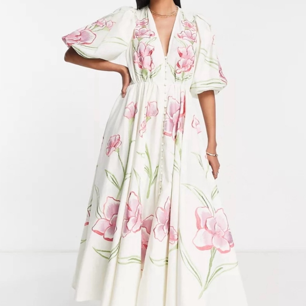 ✨ISO✨ ASOS EDITION button front bright floral embroidered midi dress